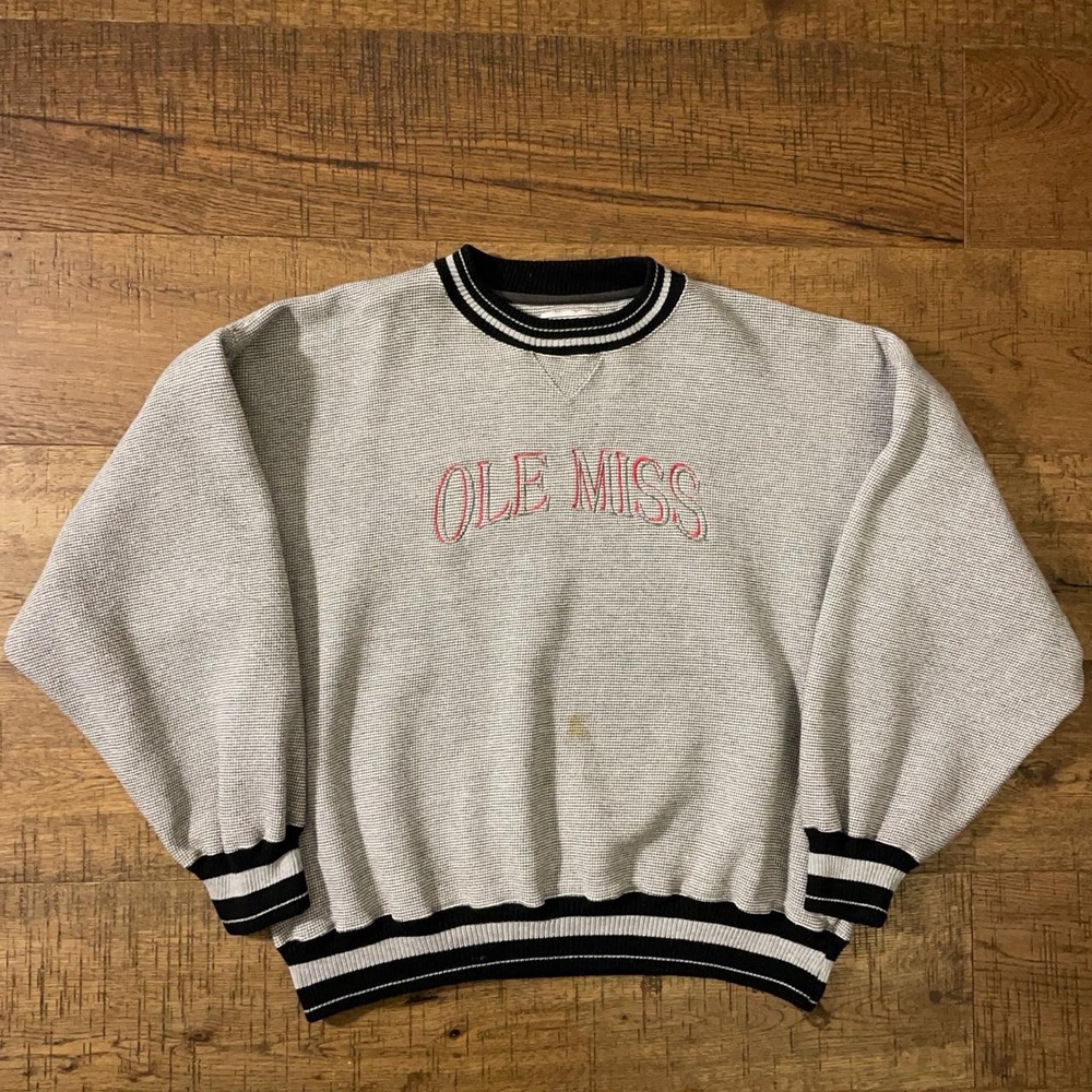 Time Out Ole Miss Sweatshirt Mens Medium Grey Vintage Waffle Knit Crewneck NCAA